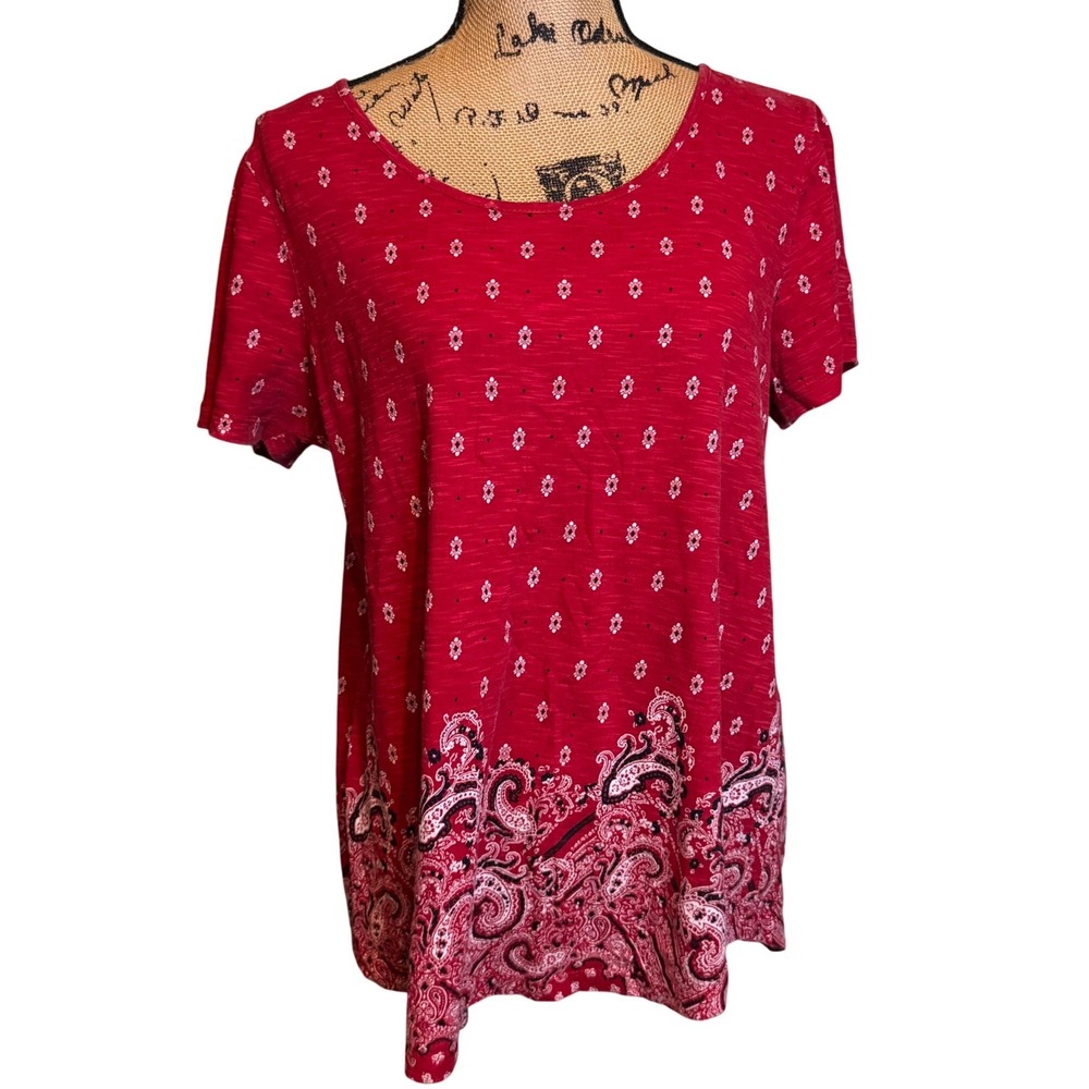 Kim Rogers Womens Red‎ Paisley Border Print Short Sleeve Scoop Neck Top Size S